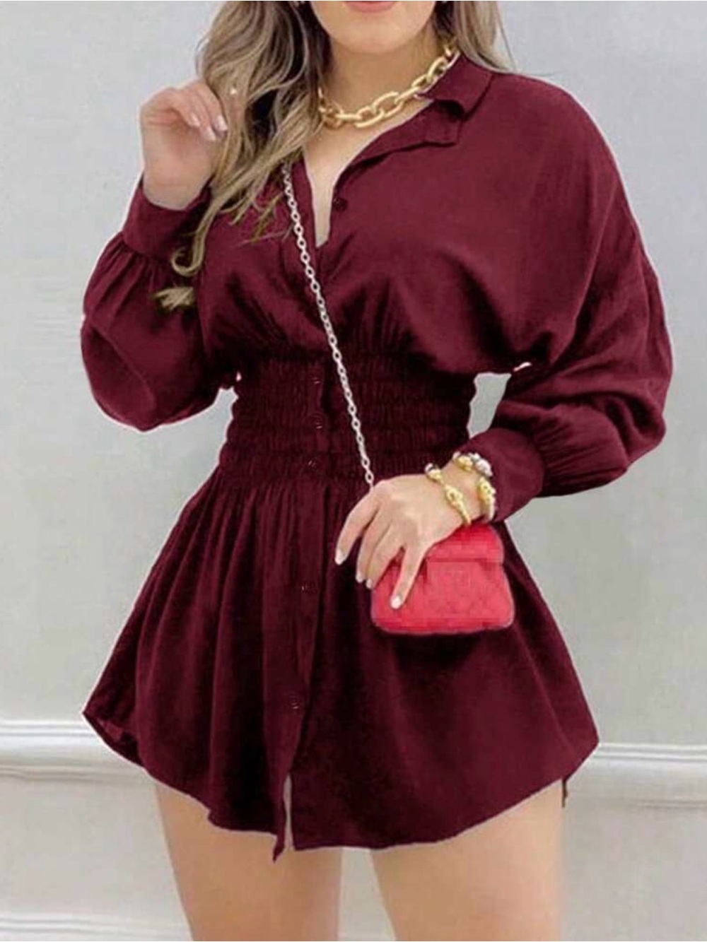 SHEIN Burgundy Smocked Waist Mini Dress 🍷